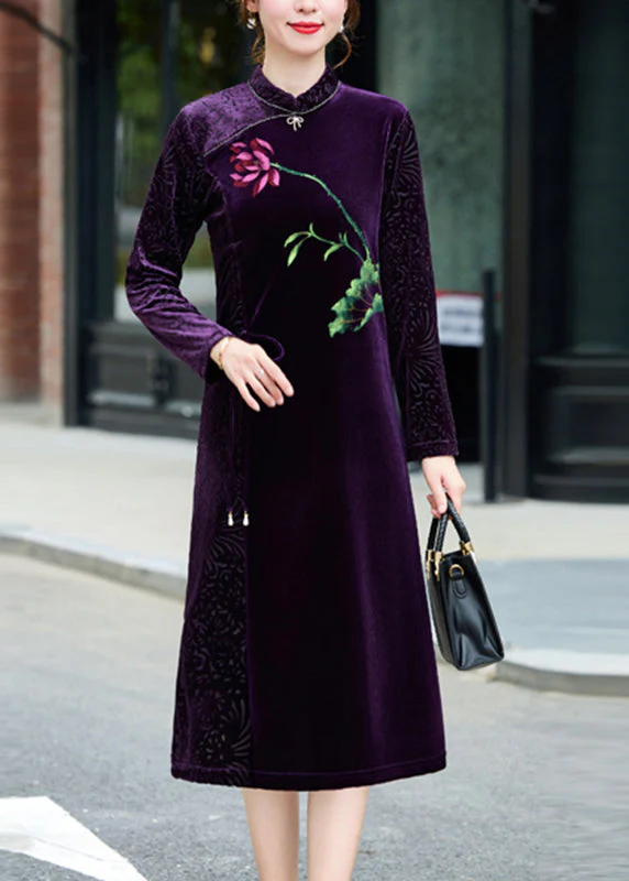 Vintage Black Print Tie waist Silk Velour Vacation Long Dresses Long Sleeve - Image 2