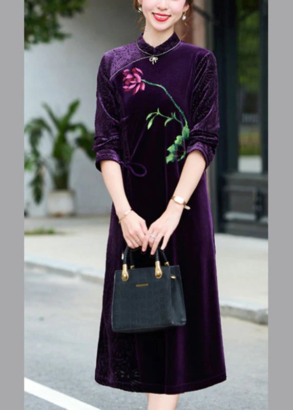 Vintage Black Print Tie waist Silk Velour Vacation Long Dresses Long Sleeve - Image 4