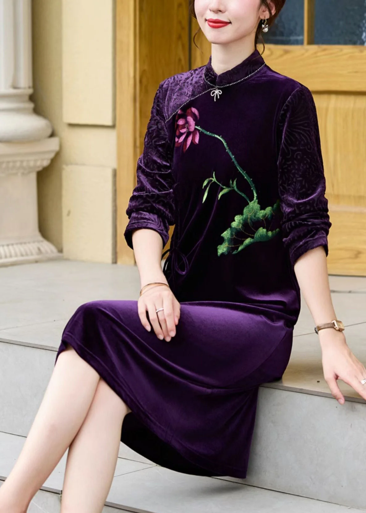 Vintage Black Print Tie waist Silk Velour Vacation Long Dresses Long Sleeve - Image 5