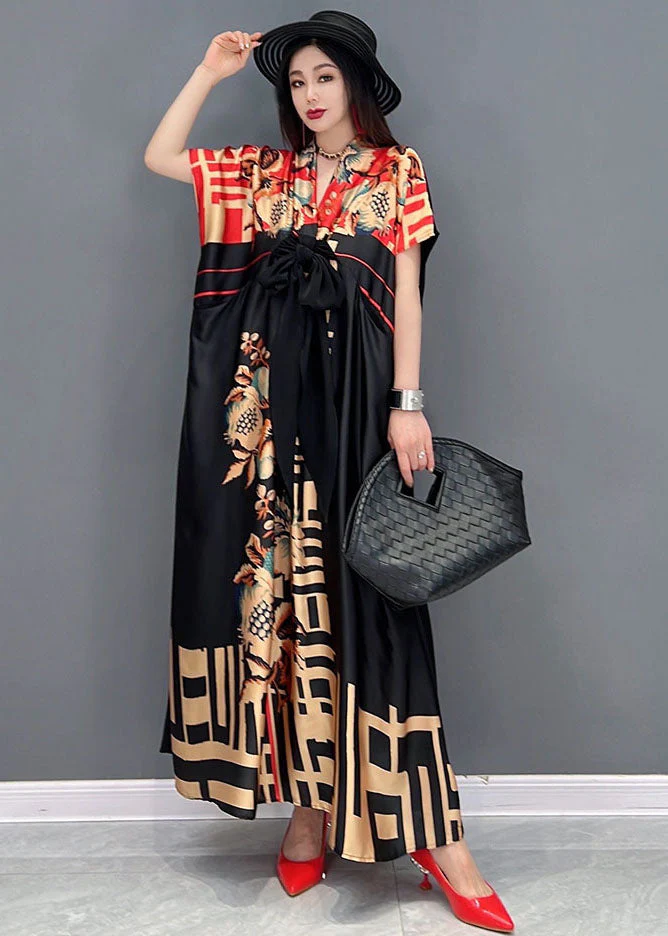 Vintage Black Red V Neck Bow Print Satin Long Dresses Short Sleeve - Image 2