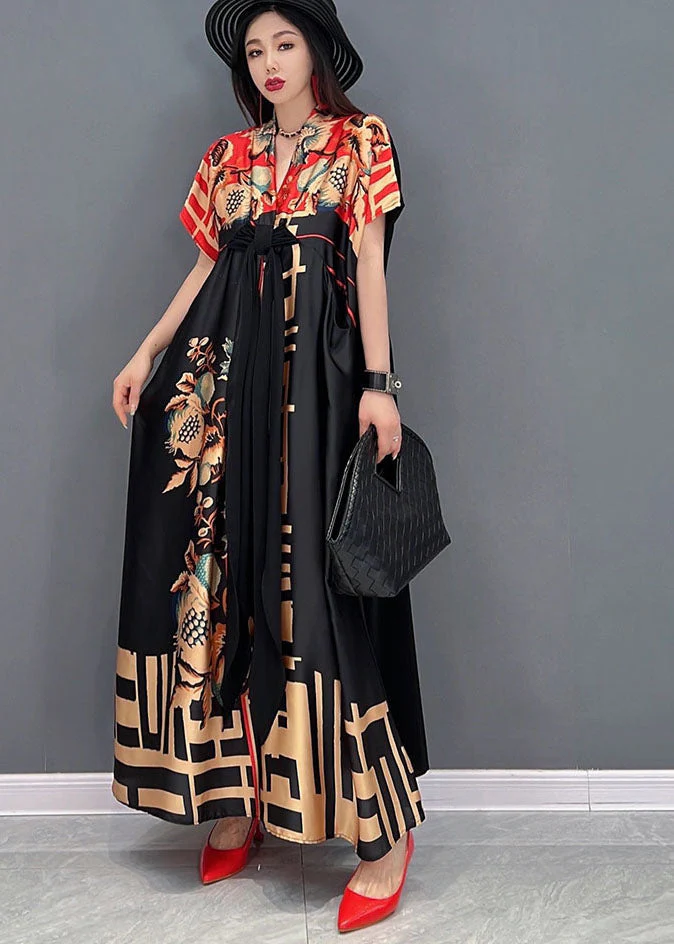 Vintage Black Red V Neck Bow Print Satin Long Dresses Short Sleeve - Image 3