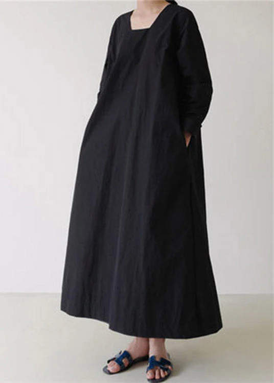 Vintage Black Square Collar Cozy Linen Maxi Dress Long Sleeve - Image 3