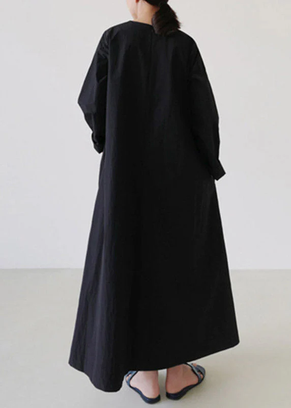Vintage Black Square Collar Cozy Linen Maxi Dress Long Sleeve - Image 4