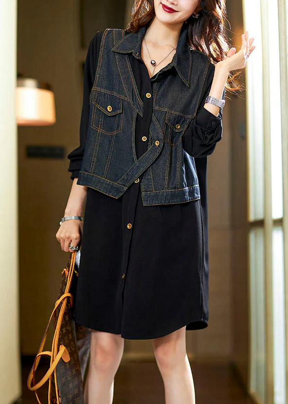 Vintage Black Square Collar Denim Patchwork Fake Two Pieces Mid Dress Long Sleeve - Image 2