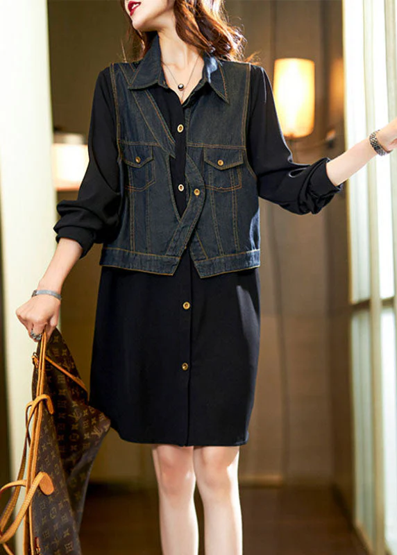 Vintage Black Square Collar Denim Patchwork Fake Two Pieces Mid Dress Long Sleeve - Image 3