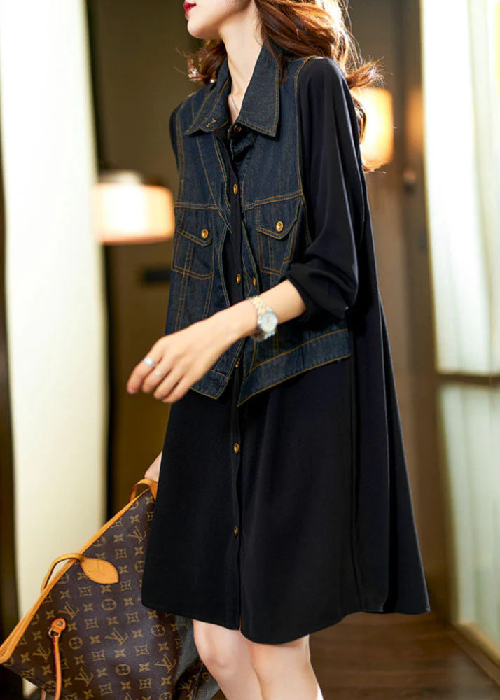 Vintage Black Square Collar Denim Patchwork Fake Two Pieces Mid Dress Long Sleeve - Image 4