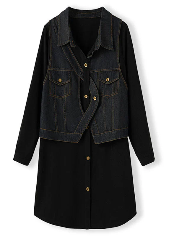 Vintage Black Square Collar Denim Patchwork Fake Two Pieces Mid Dress Long Sleeve - Image 5