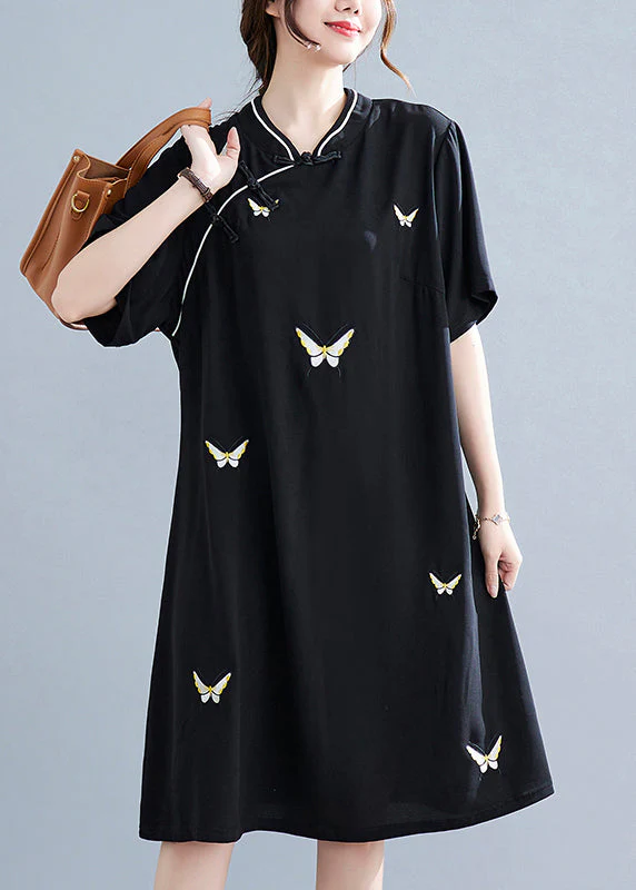 Vintage Black Stand Collar Button Butterfly Embroideried Cheongsam Dresses Short Sleeve - Image 2