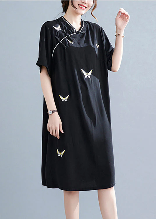 Vintage Black Stand Collar Button Butterfly Embroideried Cheongsam Dresses Short Sleeve - Image 3