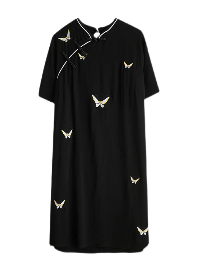 Vintage Black Stand Collar Button Butterfly Embroideried Cheongsam Dresses Short Sleeve - Image 5