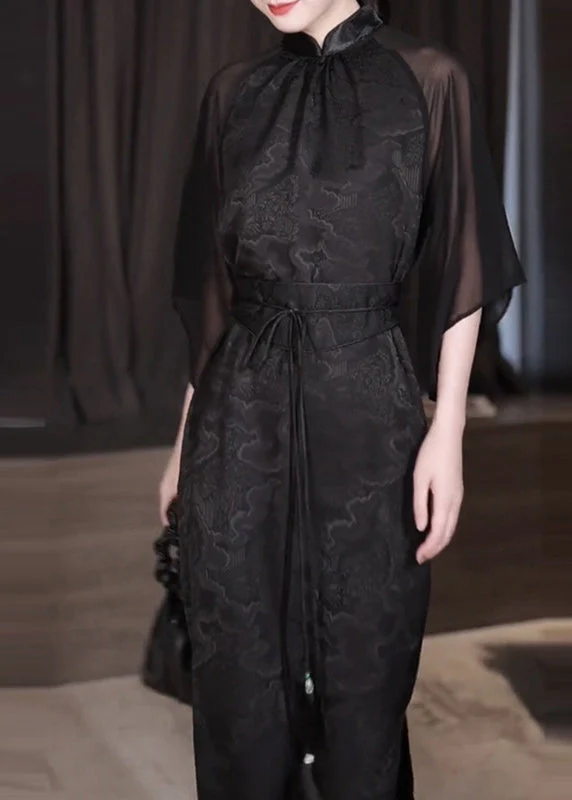 Vintage Black Stand Collar Jacquard Patchwork Silk Dresses Fall - Image 2