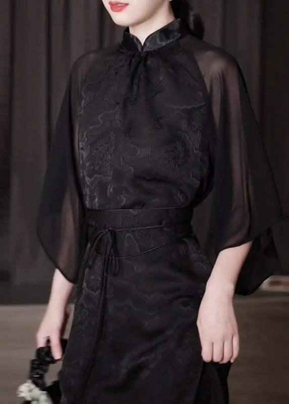 Vintage Black Stand Collar Jacquard Patchwork Silk Dresses Fall - Image 3
