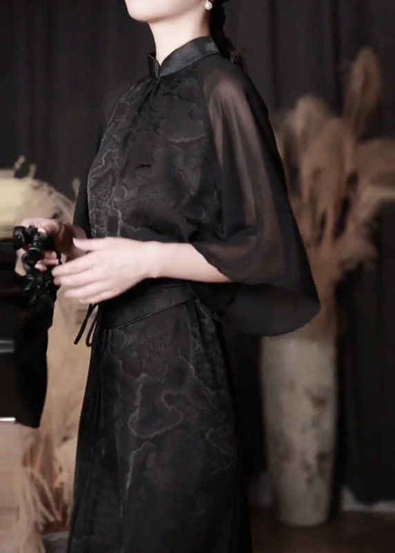 Vintage Black Stand Collar Jacquard Patchwork Silk Dresses Fall - Image 4
