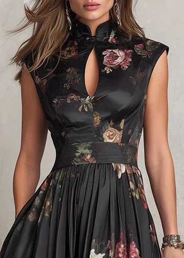 Vintage Black Stand Collar Print Pockets Cotton Dress Summer - Image 3