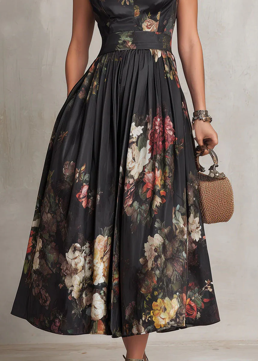 Vintage Black Stand Collar Print Pockets Cotton Dress Summer - Image 4