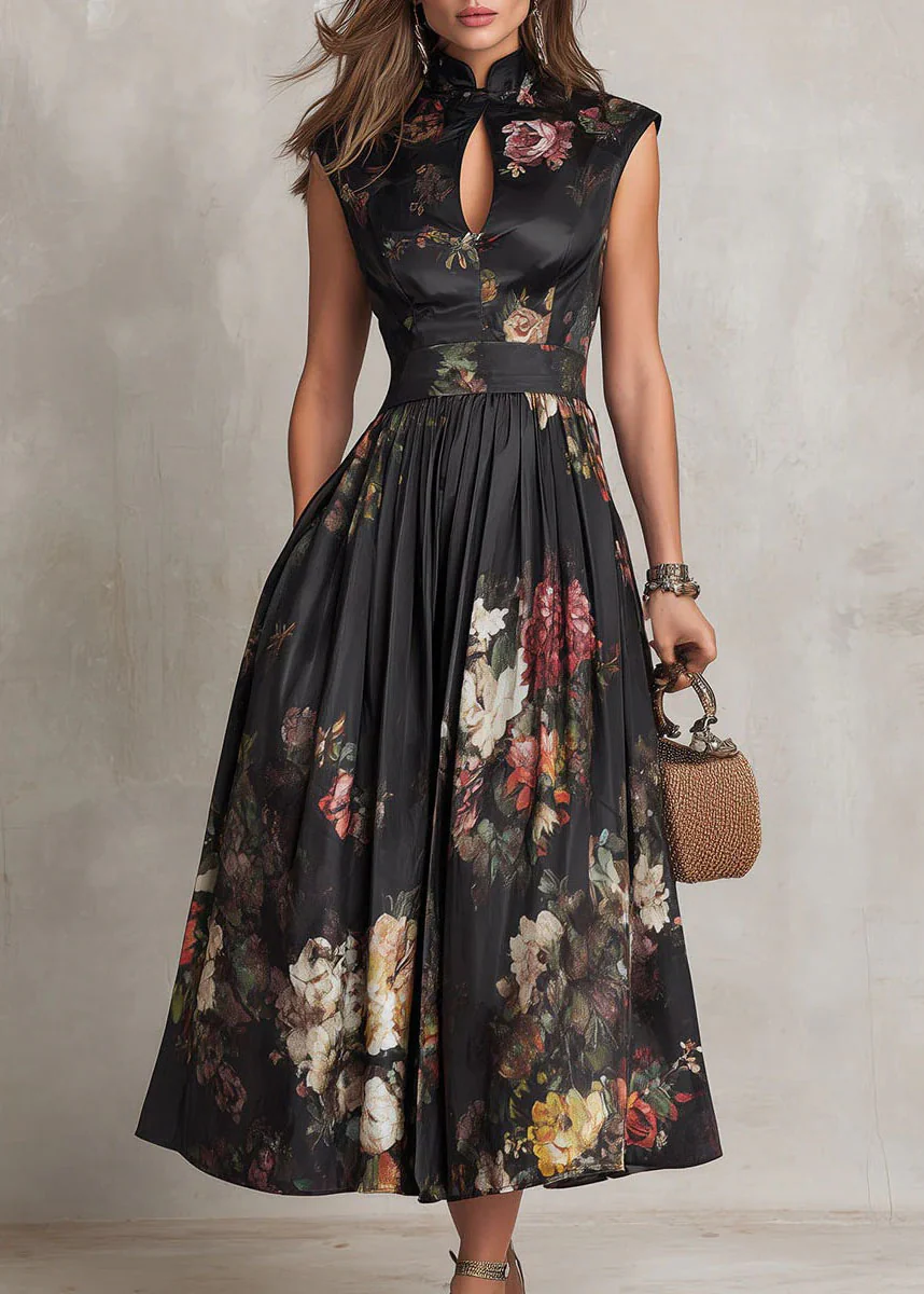 Vintage Black Stand Collar Print Pockets Cotton Dress Summer - Image 5