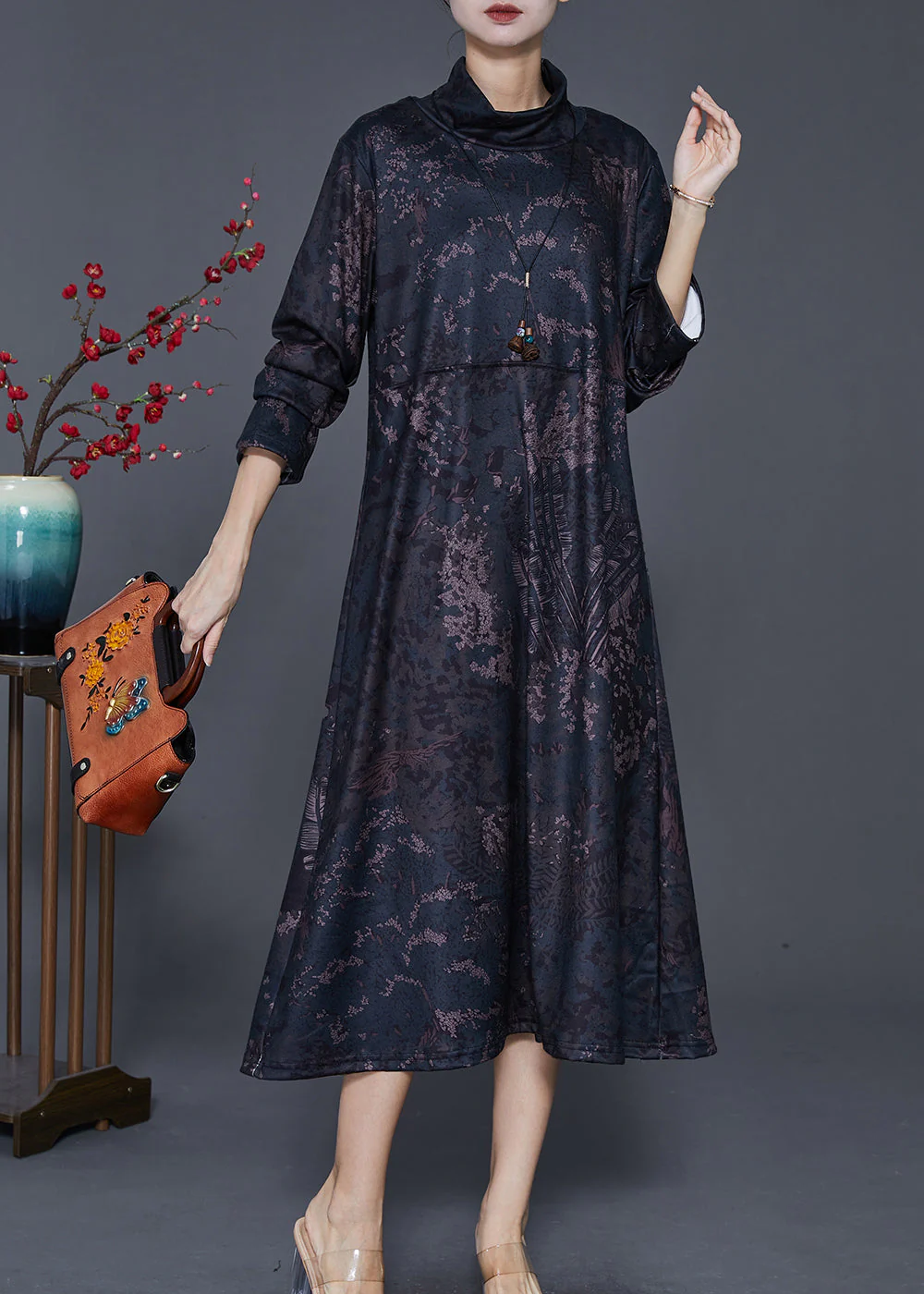 Vintage Black Stand Collar Print Warm Fleece Long Dress Winter - Image 2