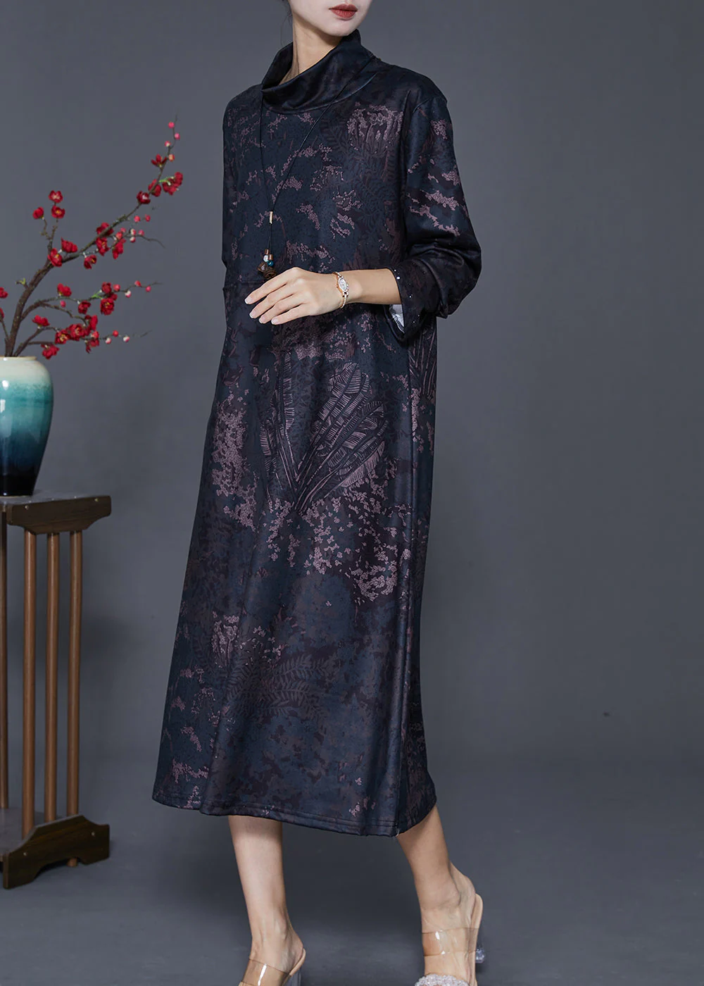 Vintage Black Stand Collar Print Warm Fleece Long Dress Winter - Image 3