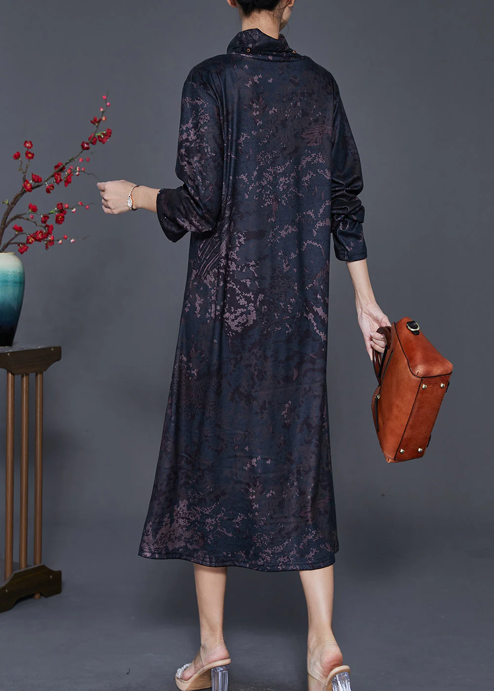 Vintage Black Stand Collar Print Warm Fleece Long Dress Winter - Image 4