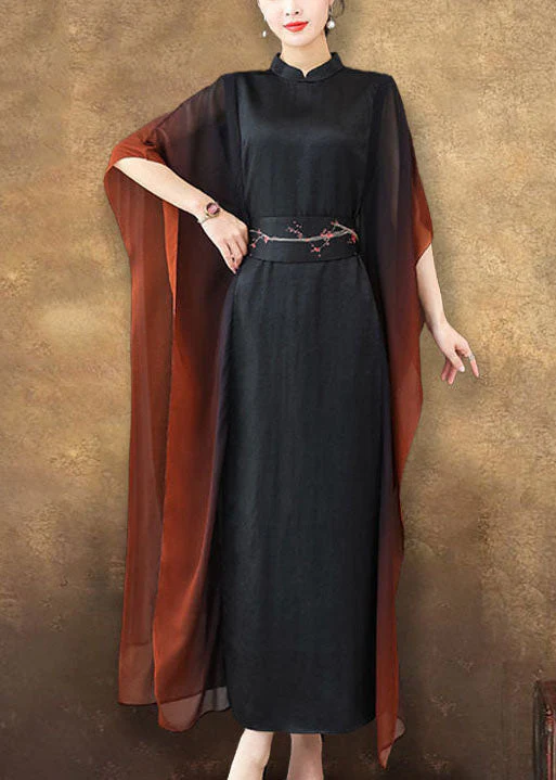 Vintage Black Stand Collar Sashes Silk Vacation Dresses Batwing Sleeve - Image 2
