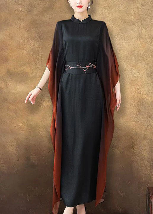 Vintage Black Stand Collar Sashes Silk Vacation Dresses Batwing Sleeve - Image 3