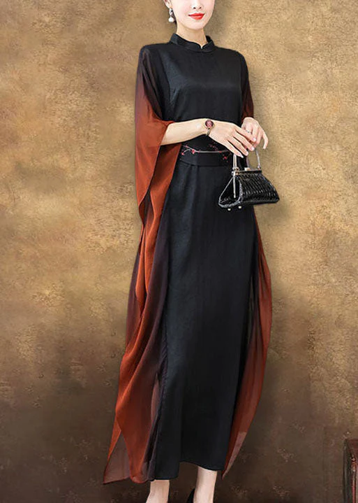 Vintage Black Stand Collar Sashes Silk Vacation Dresses Batwing Sleeve - Image 4
