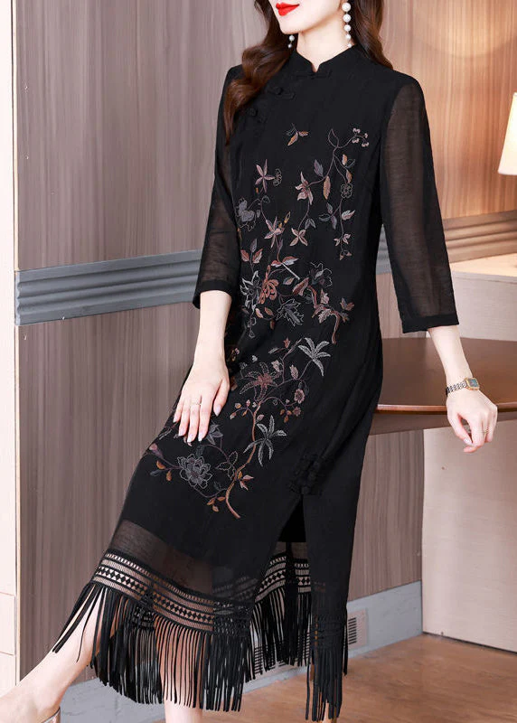 Vintage Black Tasseled Embroidered Silk Long Dresses Bracelet Sleeve - Image 2