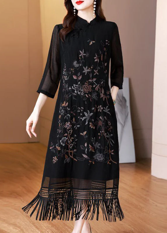 Vintage Black Tasseled Embroidered Silk Long Dresses Bracelet Sleeve - Image 3
