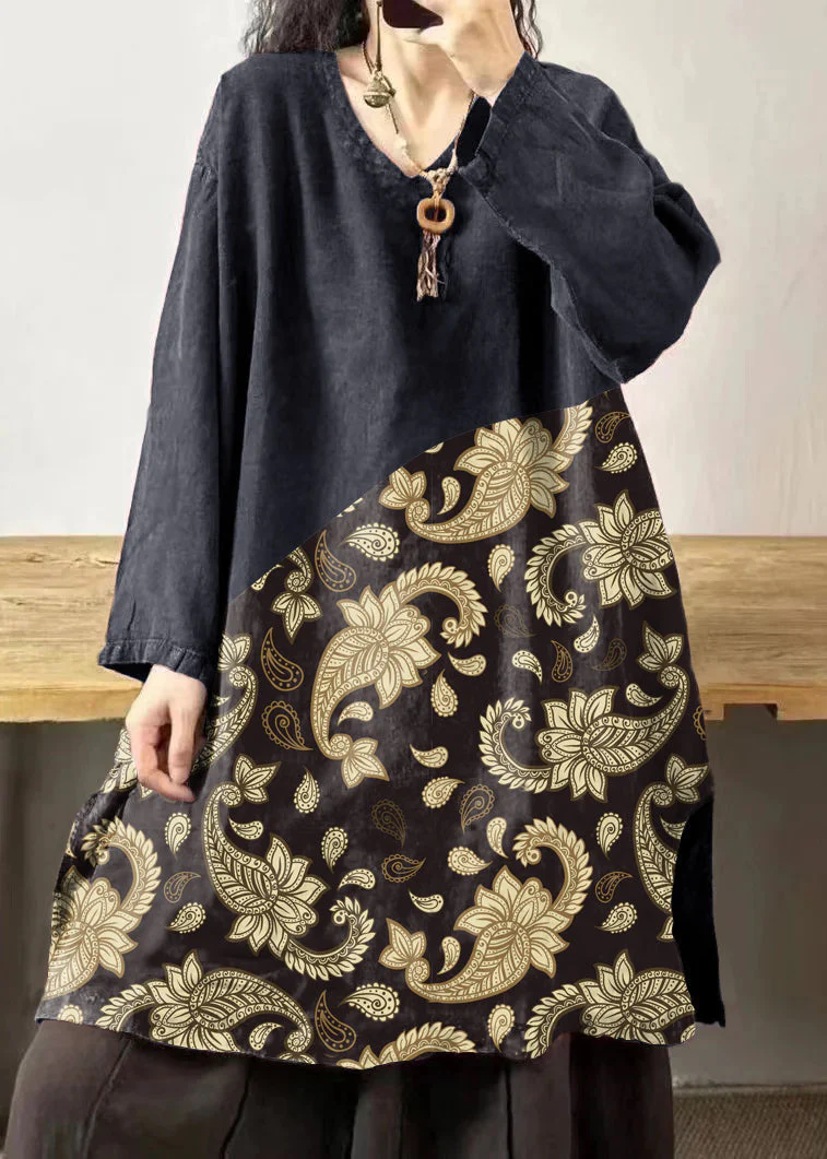 Vintage black text V Neck Embroidered Patchwork Linen Mid Dresses Fall