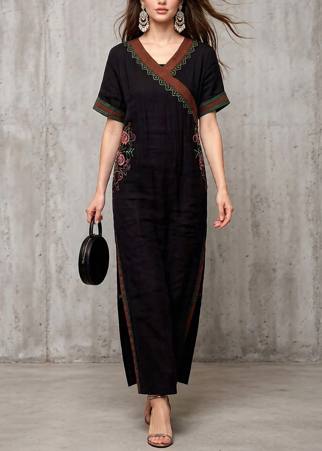 Vintage Black V Neck Embroidered Cotton Dress Summer - Image 3