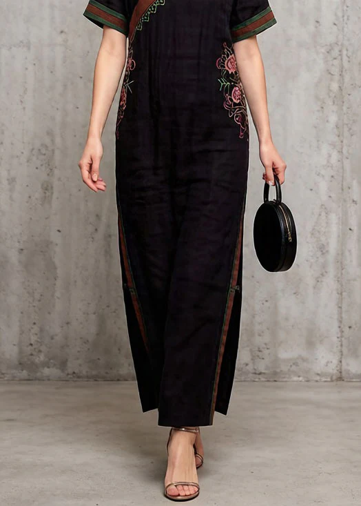 Vintage Black V Neck Embroidered Cotton Dress Summer - Image 4