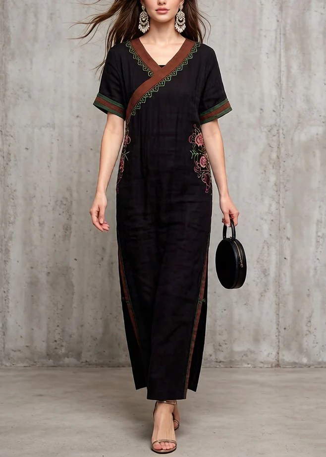 Vintage Black V Neck Embroidered Cotton Dress Summer - Image 5