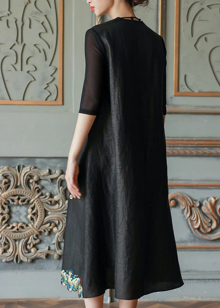 Vintage Black V Neck Embroideried Patchwork Silk Dress Summer - Image 2