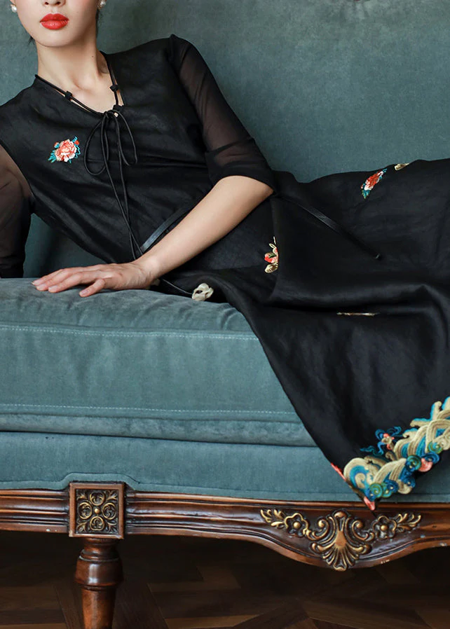 Vintage Black V Neck Embroideried Patchwork Silk Dress Summer - Image 3
