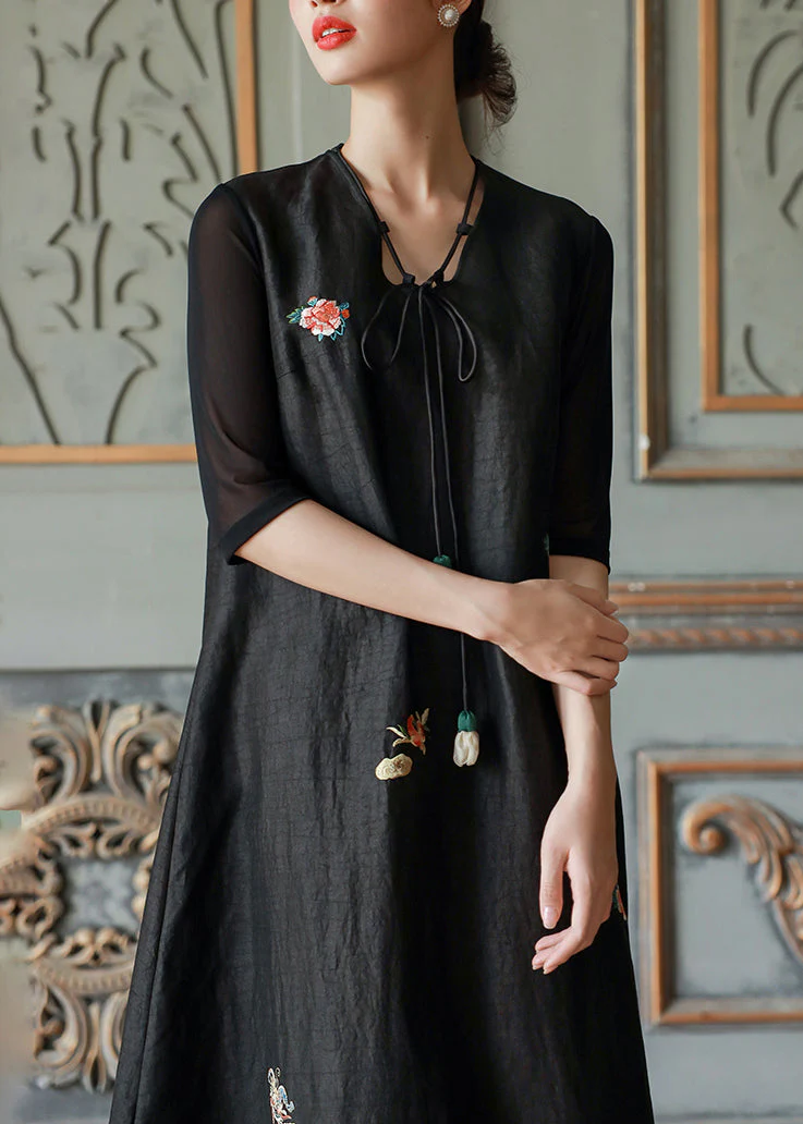 Vintage Black V Neck Embroideried Patchwork Silk Dress Summer - Image 4