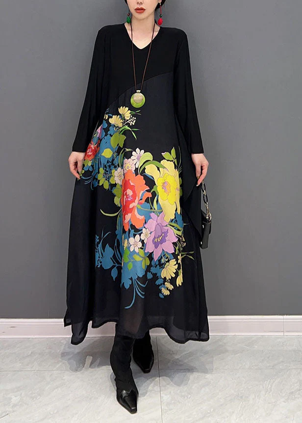 Vintage Black V Neck Patchwork Print A Line Dress Spring - Image 2