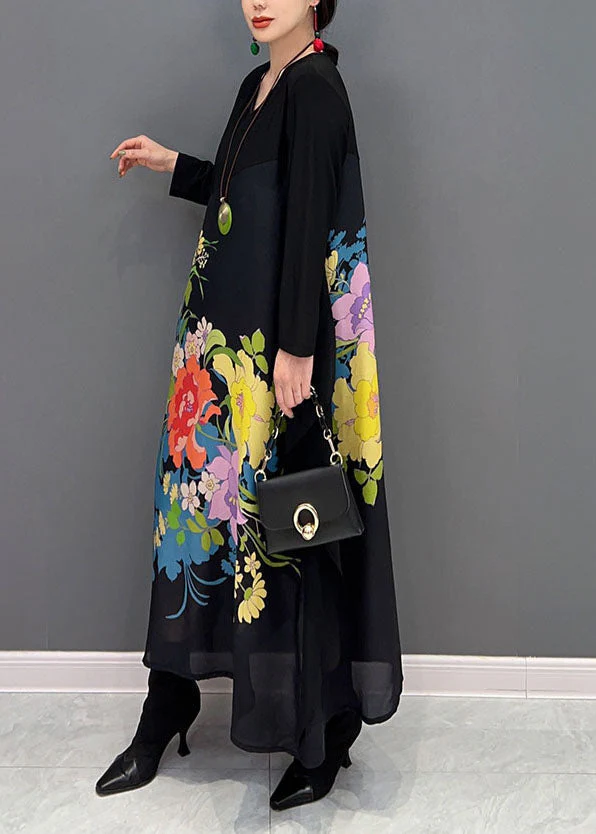 Vintage Black V Neck Patchwork Print A Line Dress Spring - Image 3