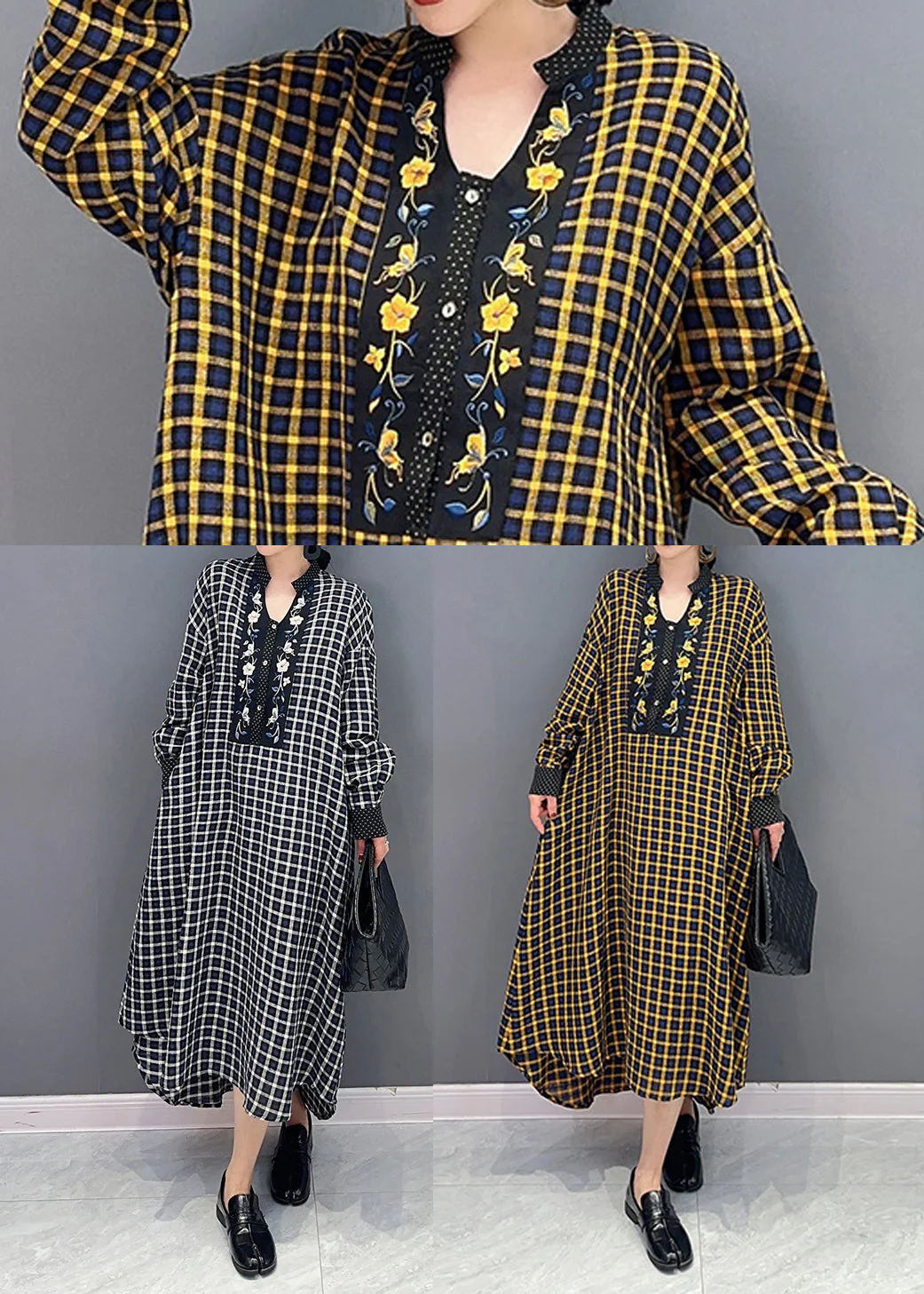 Vintage Black V Neck Plaid Holiday Dress Spring - Image 5