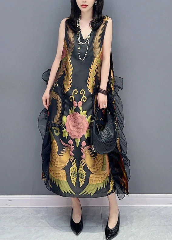 Vintage Black V Neck Print Ruffled Patchwork Silk Dress Sleeveless - Image 2