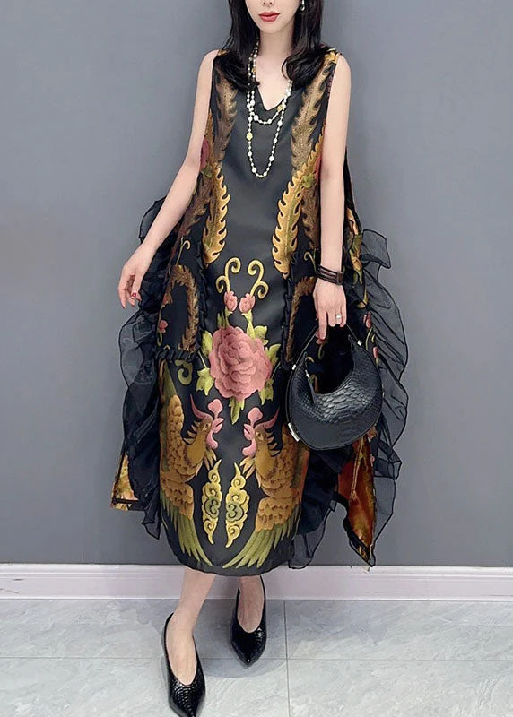 Vintage Black V Neck Print Ruffled Patchwork Silk Dress Sleeveless - Image 3