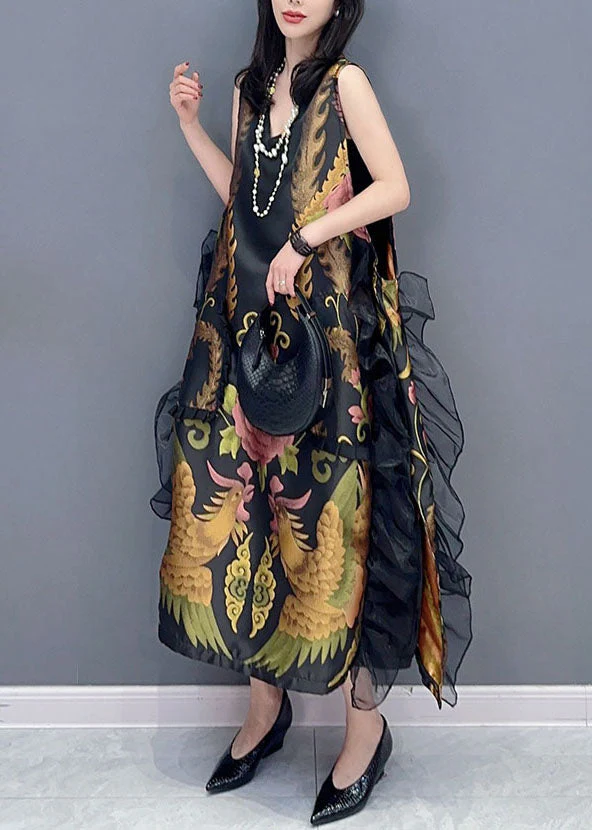 Vintage Black V Neck Print Ruffled Patchwork Silk Dress Sleeveless - Image 4