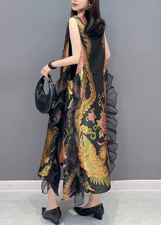 Vintage Black V Neck Print Ruffled Patchwork Silk Dress Sleeveless - Image 5