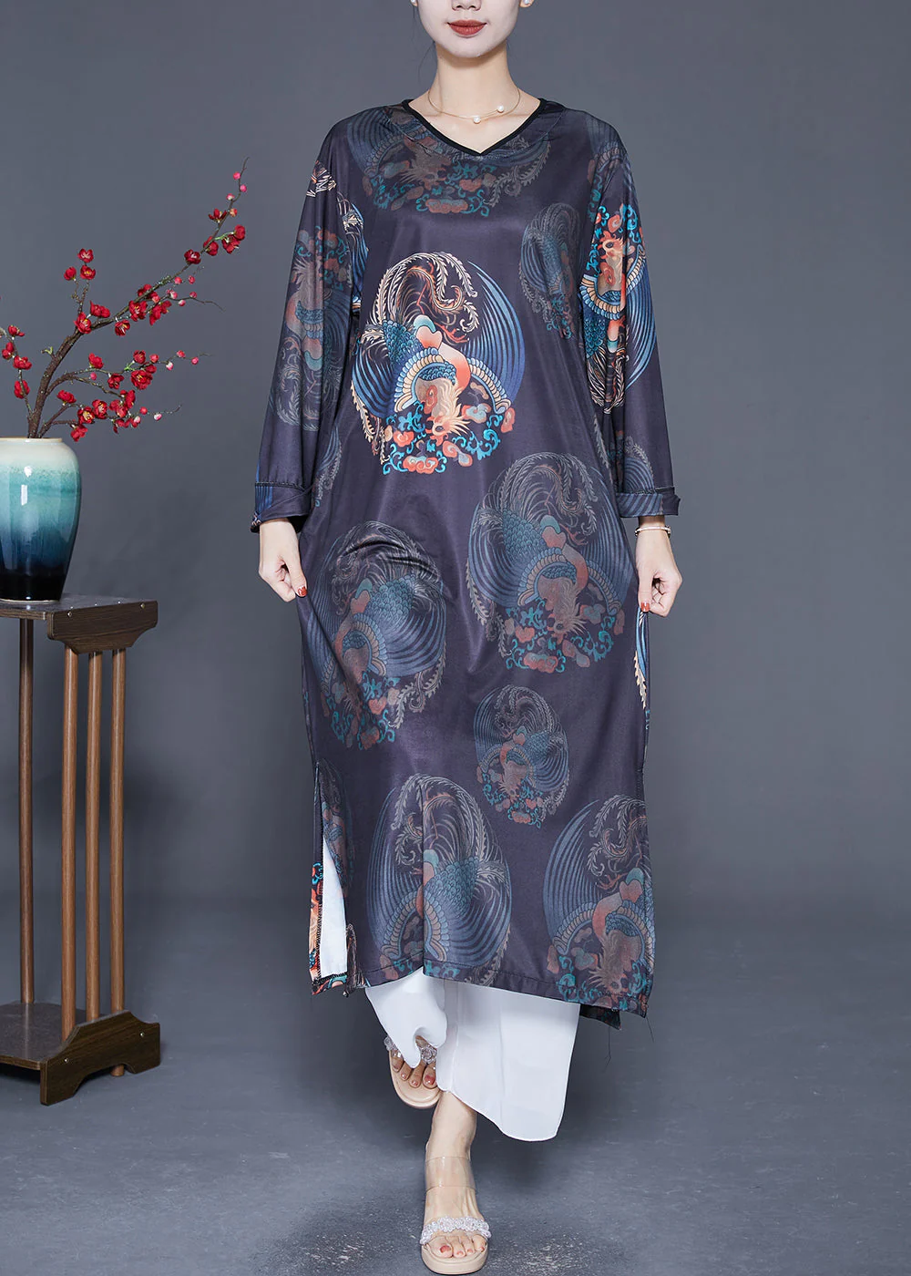 Vintage Black V Neck Print Side Open Silk Long Dress Long Sleeve - Image 2