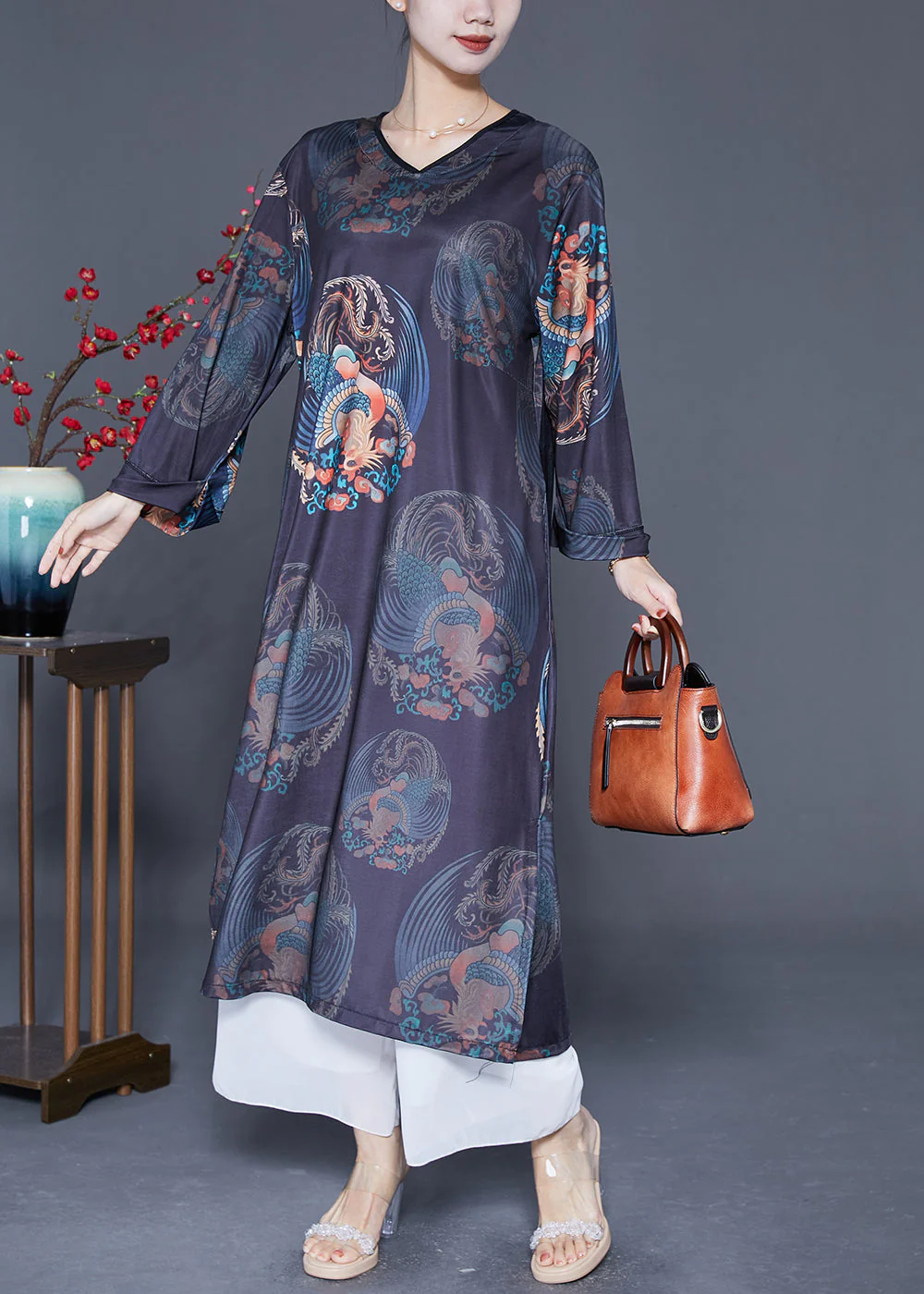 Vintage Black V Neck Print Side Open Silk Long Dress Long Sleeve - Image 3
