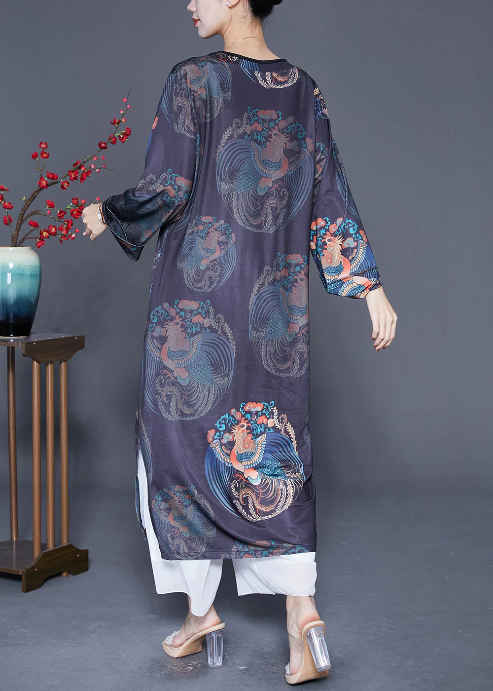 Vintage Black V Neck Print Side Open Silk Long Dress Long Sleeve - Image 4