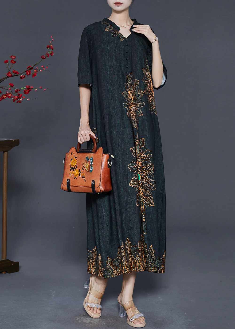 Vintage Black V Neck Print Silk Long Dresses Summer - Image 2