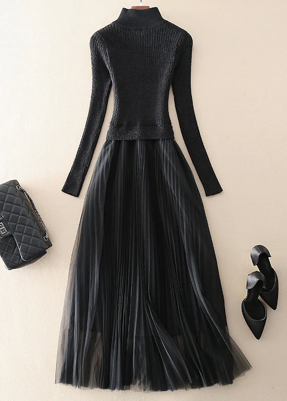 Vintage Black Zip Up Tulle Patchwork Knit Long Dresses Spring - Image 2