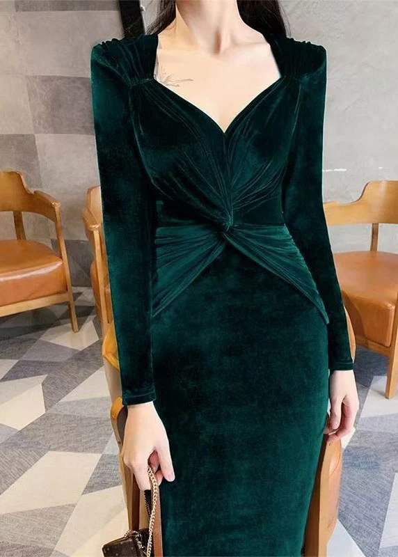 Vintage Blackish Green Cinched Patchwork Silk Velvet Long Dresses Fall
