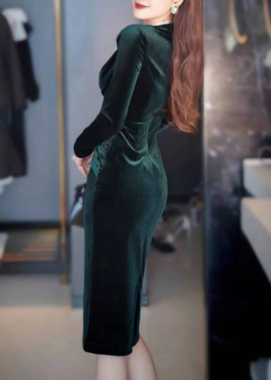Vintage Blackish Green Cinched Patchwork Silk Velvet Long Dresses Fall - Image 5