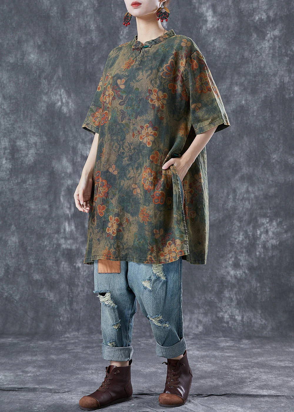 Vintage Blackish Green Oversized Tie Dye Linen Vacation Dress Summer - Image 2